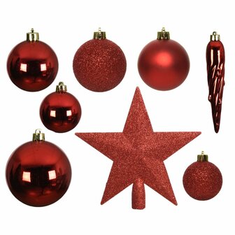 Decoris Kunststof Kerstballen Mix 8 cm + Piek Kerstrood 33 Stuks