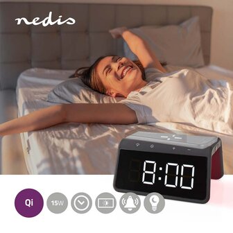 Nedis WCACQ30BK Wekker Met Draadloze Lader Qi Gecertificeerd 5 / 7.5 / 10 / 15 W Usb-a Male Nachtlamp 2 Alarmtijden Snoozefunctie