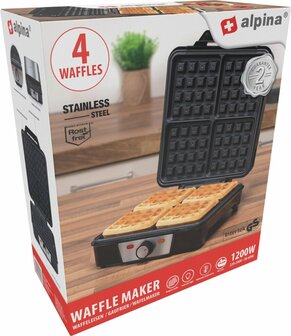 Alpina Wafelijzer Brusselse Wafels Antiaanbaklaag 4 Wafels 1200W