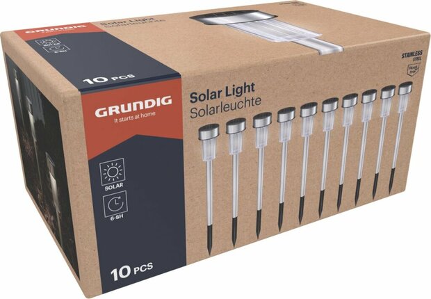 Grundig Tuinfakkels 10 Stuks Prikspot op Zonne Energie Wit Licht IP44 Waterbestendig Batterijduur 6-8 Uur 4,8x36,5 cm Roestvrij Staal