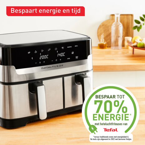 Tefal EY905D Easy Fry & Grill Dual Heteluchtfriteuse 8.3L 2700W RVS/Zwart